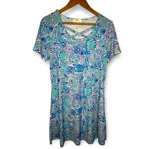 Simply‎ Southern Sea Shell Blue Short Sleeve Jersey Knit Beach Vacay Dress Small